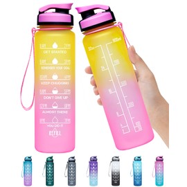 Elvira - Botella de agua grande de 32 onzas con marcador de tiempo motivacional y filtro extraíble, flujo rápido, sin BPA, no tóxico para fitness, gimnasio y deportes al aire libre, degradado amarillo y rosa
