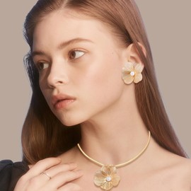 FDEETY Necklace and Earrings Jewellery Sets for Women Metallic Ginkgo Leaf Flowers Necklace with Cute and Cool Faux Pearls Tassel Earrings, Zinc