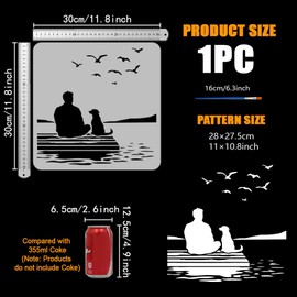 FINGERINSPIRE Stencil for People and Dogs with 1 Piece Plastic Brush 30 x 30 cm Coastal Landscape Template Stencil with Flying Birds Human Dog Pattern Template for DIY Wall Decoration