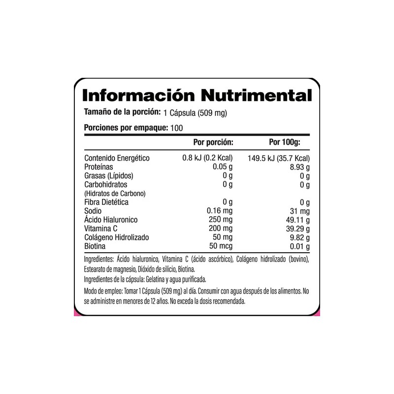 Ácido Hialurónico 250mg Con Vitamina C, Colágeno y Biotina 100