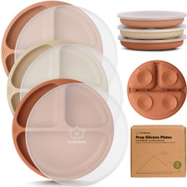 KeaBabies Suction Plates with Lids for Baby - 3-Pack 100% Silicone Toddler Plates with Suction, Divided, BPA-Free Baby Led Weaning Essentials for Kids, Dishwasher, Microwave Safe, Durable (Terracotta)