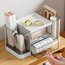 DoocliB Desk Organiser with 2 Drawers with Transparent Multifunctional Pen Holder Desk with Drawer, Table Organiser Made of Plastic, Pen Holder for Office, Home, School