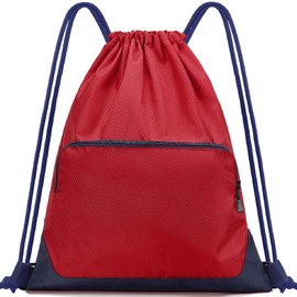 ImproULife Drawstring Backpack Sports Gym Sackpack for Men Women,Patchwork Color Waterproof Drawstring Bag,Cinch Bag with 2 Zipper Pockets,String Backpack for Beach Basketball Football,Red M