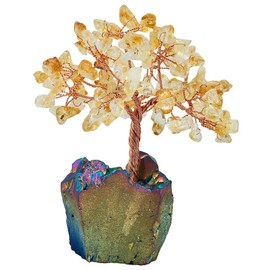 SUNYIK Natural Citrine Money Tree, Rainbow Aura Titanium Crystal Cluster Base Bonsai Sculpture Figurine 4.5-5.7 Inches