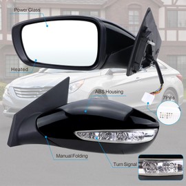 Lqito Left Driver side Door Mirror Compatible With 2011 2012 2013 2014 Hyundai Sonata With Power Glass Manual Folding Heated Turn Signal Black Replace#HY1320168 87610-3Q110 (7 Pins)