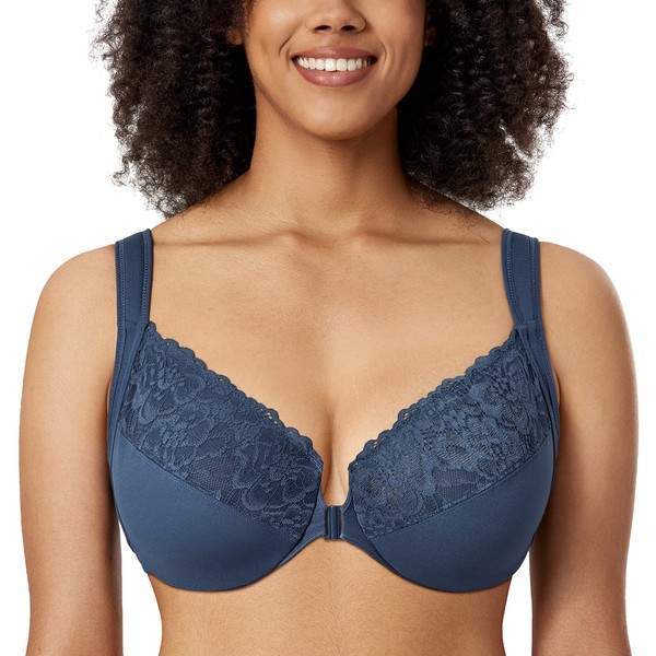 DELIMIRA Women's Front Closure Bras Plus Size Lace Full Coverage