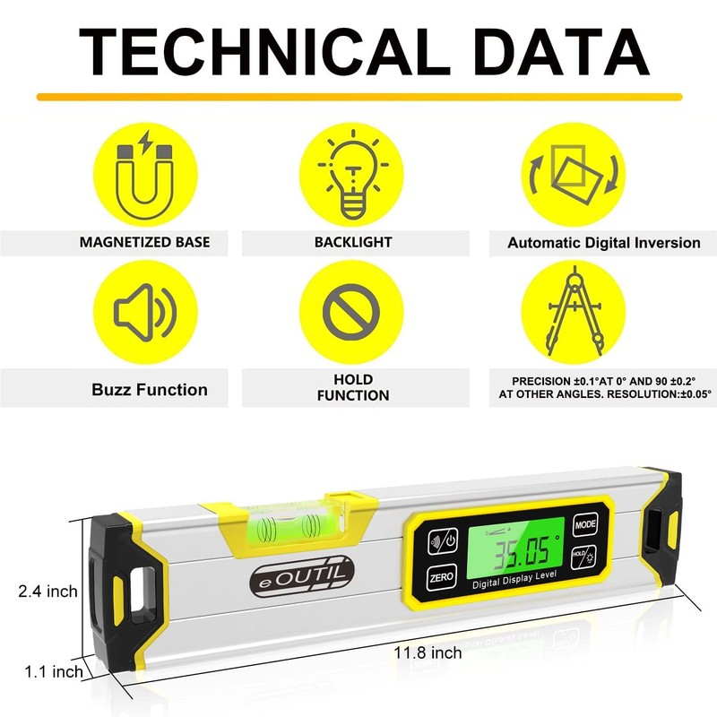 Digital Level and Protractor, 12 Inch IP54 Protected Electronic Bubble