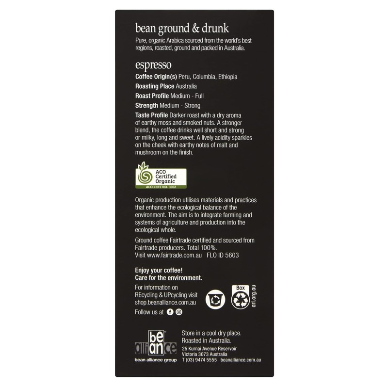 bean ground & drunk carton Organic Fairtrade Espresso Coffee 60
