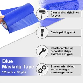 BOMEI PACK Wide Blue Painters Tape 12 Inches x 40 Yards, 3D Tape, 3D Printing Tape for Laser Cutting, 21-Day Clean Removal Wide 12'' Masking Tape
