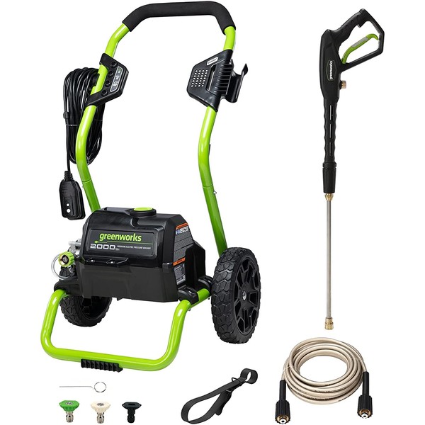 Greenworks 2000 PSI (13 Amp) Electric Pressure Washer (Wheels For Transport / 20 FT Hose / 35 FT Power Cord) Great For Cars, Fences, Patios, Driveways
