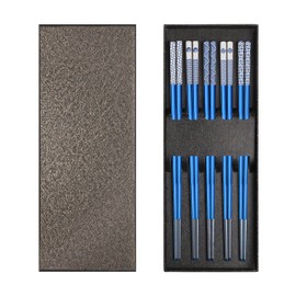 TIICOO Stainless Steel Chopsticks Reusable 18/8 Stainless Steel Laser Engraved Premium Titanium Dishwasher Safe Metal Chopsticks Lightweight Japanese Style 5 Pairs Chopsticks Gift Set (Blue)