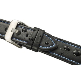 Genuine Waterproof Leather Watch Band with Quick Release Spring Bars - Black Leather Watch Strap 20mm (Blue Stitching)