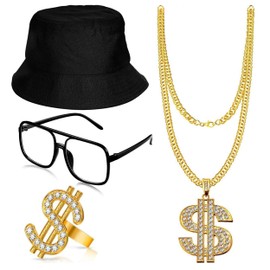 80s 90s Hip Hop Costumes Kit, 4PCS Dollar Sign Pendant Necklace Ring Set 80s Costume Men Outfit Sunglasses Hat for Men Women