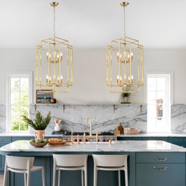 Xuridongsheng 10-Light Lantern Tiered Pendant Light Fixtures，Gold Farmhouse Chandelier High Ceiling，Large Pendant Light for Foyer Entry Staircase Kitchen Island Dining Room