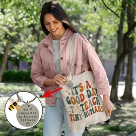 It's A Good Day to Teach Tiny Human Rainbow Canvas Tote Bag Gifts for Women Teacher Appreciation Canvas Tote Bag Gifts, Teacher Christmas Gifts, Teacher Gifts, Teacher Toge Canvas Bag & Keychain Set