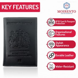 Moirento UK Leather Passport Cover - British RFID Blocking Holders Genuine Navy Blue Wallet Passport Travel Wallet Men Women, Black EMB