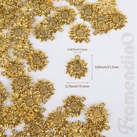 Framendino, 120 Pack Vintage Antique Gold Sunflower Charms Pendant for Jewelry Making Supplies