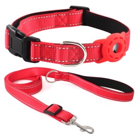 Kuley AirTag Dog Collar and Reflective Leash Set Bundle with Airtag Holder Case,Adjustable Padded Nylon Pet Collar for Small Medium Large Dogs(Red, Small)