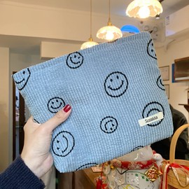 Cessfle Smiley Face Makeup Bag, Aesthetic Preppy Makeup Bag, Corduroy Cosmetic Bag for Purse, Cute Smile Dots Makeup Pouch with Zipper for Women Toiletry Travel Girls, A-Blue, A-Blue, Aesthetic Preppy