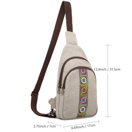 SILKAREA Canvas Sling Bag for Wome Crossbody Purse Small Sling Backpack Purse Travel Hiking Chest Bag Daypack (Light Grey)
