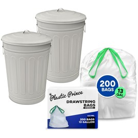 Plexon 2 Pack 13-Gallon Beige Galvanized Steel Round Trash Can with Lid Plus Kitchen Drawstring Trash Bags, White, Unscented, 13 Gallons, 200 Bags - Bundle