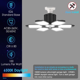 BRAINIAC LED Garage Light Bulb 150W 15000LM Deformable Garage Lights Ceiling led with 6 Adjustable Panels, E26/E27 Screw in Shop Lights for Basement Barn Porch