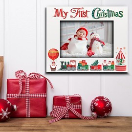 BELLA BUSTA-My First Christmas Picture Frame-Babys 1st Christmas-The Santa Train -Merry Christmas-Peace-Joy-Love-UV Print Picture Frame (5x7 Horizontal)
