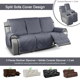 TAOCOCO Non Slip Recliner Sofa Covers for 3 Cushion Couch, Waterproof Reclining sofa cover for Leather Sofa with Console, Split Reclining Couch Cover Recliner Furniture Protector (3 Seater, Dark Grey)