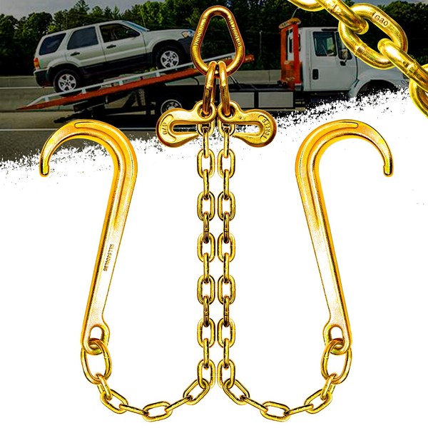 YATOINTO 5/16" X 2' V-Type Tow Chain with 15 Inch J-Hooks and Grab Hooks, G80 Steel Towing Chain Bridle, Yellow Zinc Plated Tractor Car Wrecker Truck Tie, 4,900 lbs Safe Working Load
