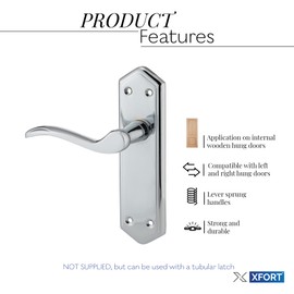 XFORT Chrome Elegance Range Polished Chrome London Suite Lever Latch Handles, Polished Chrome Long Backplate Door Handles, Contemporary Design for Internal Wooden Doors (1 Pair)