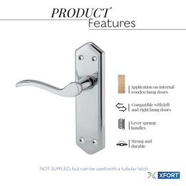 XFORT Chrome Elegance Range Polished Chrome London Suite Lever Latch Handles, Polished Chrome Long Backplate Door Handles, Contemporary Design for Internal Wooden Doors (1 Pair)