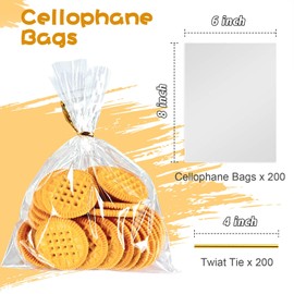 Cherodada 6"x 8", 200Pcs Cellophane Treat Bags with Twist Ties for Gift Wrapping, Wrapping Candies, Cookies, Chocolates, Popcorn