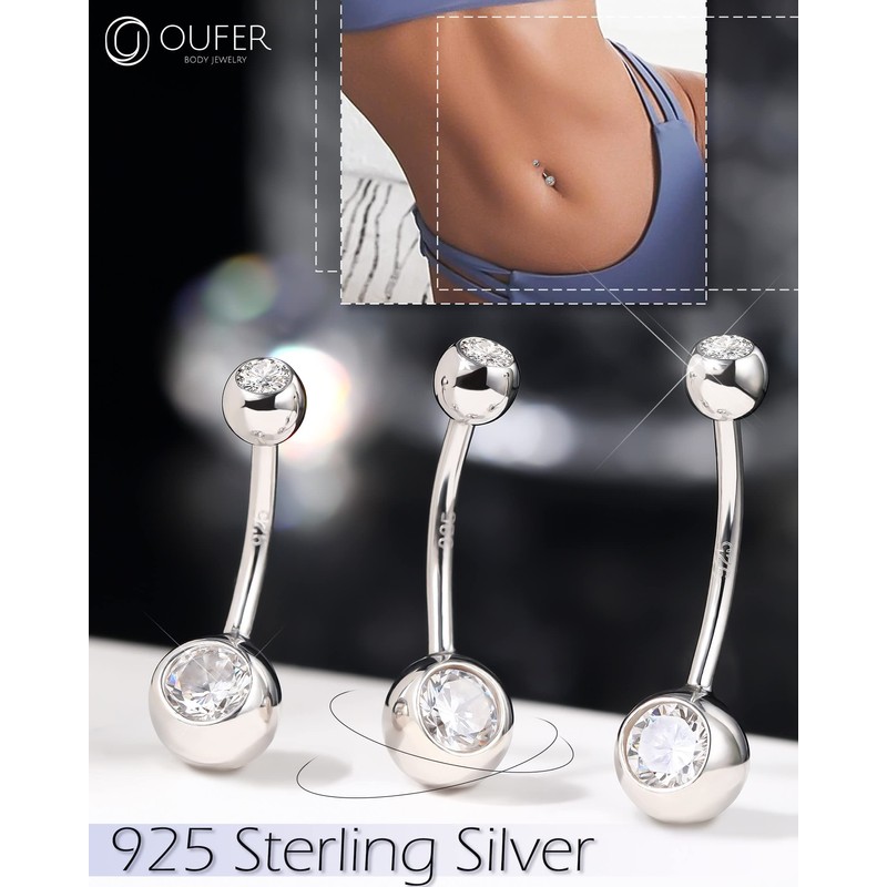 OUFER 14G 925 Long Belly Button Bar Sterling Silver Belly