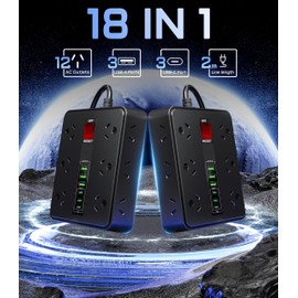 Powerboard USB Surge Protector - 18IN1 Power Board with 3 USB C & 3USB, 12 Outlet Power Strip with 1.9M Extension Cord, Wall Mountable 2500W Surge Protection and Overload Switch for Home & Office