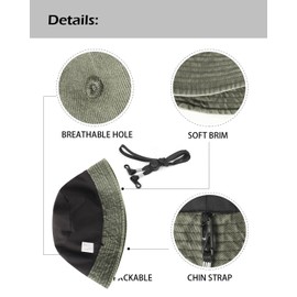 Zylioo L/XL/XXL Washed Fishing Hat Large Head, Sun Protection Fishing Hat Size 58-64 cm, Vintage UV Protection Sun Hat, Army Green-Lined-XXL