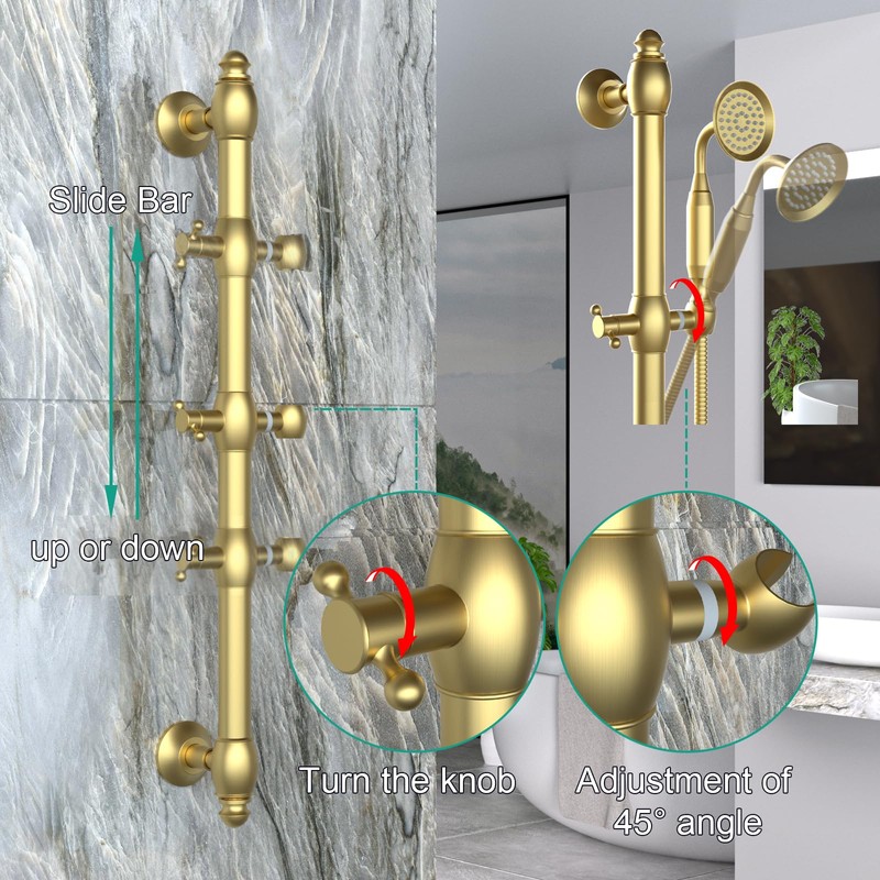 Brass Shower Slide Bar with Handheld Shower Head, Adjustable Height
