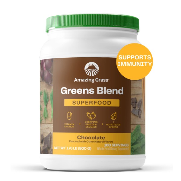 Amazing Grass Greens Blend Superfood: Super Greens Powder Smoothie Mix with Organic Spirulina, Beet Root Powder, Chlorella, Prebiotics & Probiotics, Chocolate, 100 Servings (Packaging May Vary)