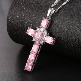 U7 Pink Cross Necklace for Women, Platinum Plated Cross Chain Cubic Zirconia Cross Faith Necklaces Pendant