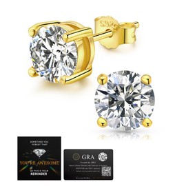 JANDY SHINE Moissanite Stud Earrings for Women Men 3.0CT D Color VVS1 Clarity Round Cut Lab Created Diamond 925 Sterling Silver 18K Gold Plated Jewelry (1.5ct*2)