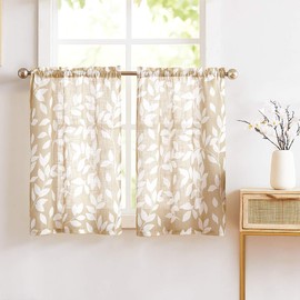 Treatmentex - Cortinas de cocina de hojas de 36 pulgadas, con estampado de hojas pequeñas para ventanas, 2 paneles, color blanco y gris pardo