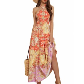 Summer Dresses for Women 2024 Sleeveless Halter Tie Ruffle Flowy Maxi Dresses L