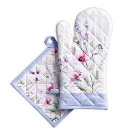 Maison d' Hermine Oven Glove (19 cm x 33 cm) & Pot Holder (20 cm x 20 cm) Set of 100% Cotton, Heat Resistant for Mother's Day Gifts, BBQ, Cooking, Baking, Barbecue, Summer Floral - Spring/Summer
