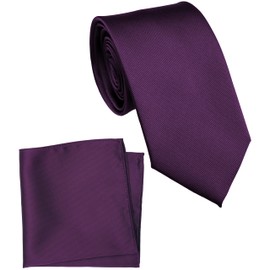 ZENXUS Regular Tie and Pocket Square Set, Solid Eggplant Purple Necktie for Men