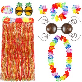 8 Pcs Hawaiian Costume Set for Woman, Coconut Bra and Grass Skirt Adult Hula Skirt with Sunglasses (Colorful, 31.5 Inch)