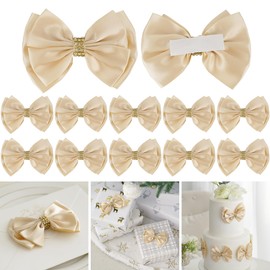 LiBongTa Champagne Gold Ribbon Bow 4'' Premade Satin Bows, Gift Bows with Rhinestone, Wrapping Bow for Presents, Greeting Cards, Treat Bags, Wine Bottle, Valentines Bows for Gift Wrapping-12 Counts