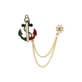 Knighthood Red White and Green Anchor with Golden Wheel Chain and Stone Details Brooch Lapel Pin, Metal