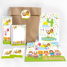 6 Invitation Cards for 4th Children's Birthday Party Invitations for Boys Girls Monkey Including 6 Envelopes, 6 Bags/Natural, 6 Stickers, 6 Bookmarks, 6 Pads
