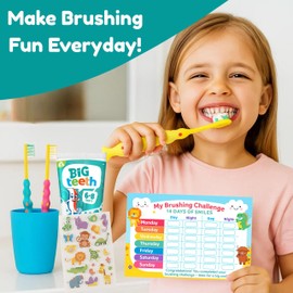 Kids Toothpaste Bundle – 4 Big Teeth Toothpastes, 2 Kids Toothbrushes, Brushing Reward Chart & Puffy Stickers for Children - Child Travel Toothpaste Kit for Daily Oral Health (Packaging May Vary)
