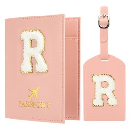 PATIKIL Passport Holder for Travel, Initial Passport Cover and Luggage Tag Set with Alphabet Chenille Letter Patch Travel Wallet Bag Suitcase Identifier for Women Family Travel Pink R
