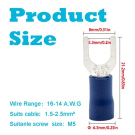 Hocansen 100 Pieces Fork Wire Connectors Electrical Connectors Crimp Terminal Connectors（Blue/PF5)